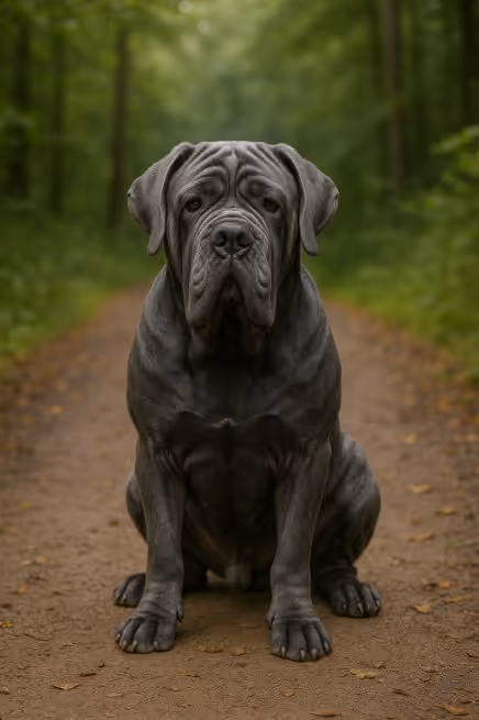 A high-resolution photograph captures a Neapolitan Mastiff sitting on a forest trail, showcasing its large frame, deep wrinkles, and bluish-gray coat.