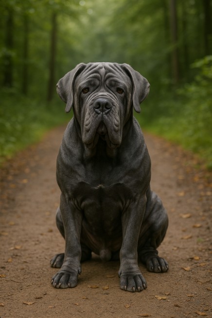 A high-resolution photograph captures a Neapolitan Mastiff sitting on a forest trail, showcasing its large frame, deep wrinkles, and bluish-gray coat.