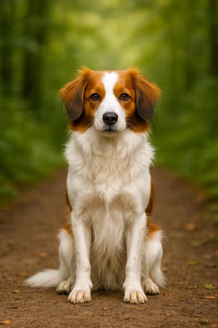 Nederlandse Kooikerhondje with reddish-brown and white fur sitting on a forest path, looking alert.