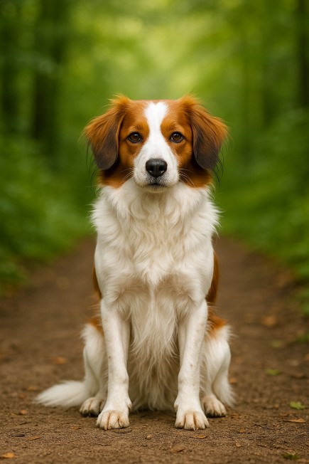 Nederlandse Kooikerhondje with reddish-brown and white fur sitting on a forest path, looking alert.