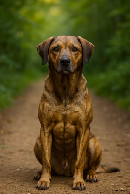 A photograph features a Mountain Cur dog sitting alertly on a forest trail surrounded by lush greenery.