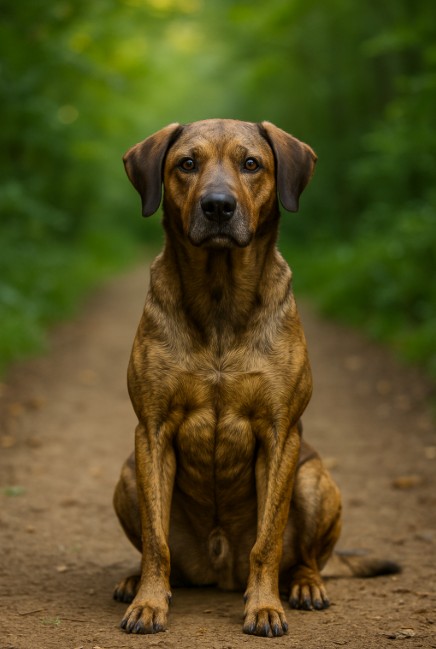 A photograph features a Mountain Cur dog sitting alertly on a forest trail surrounded by lush greenery.