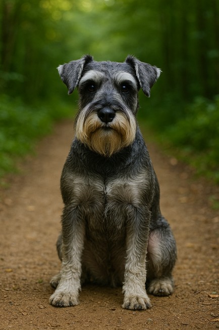 A photograph of a Miniature Schnauzer dog features the salt-and-pepper-coated breed sitting alert on a forest trail, surrounded by green foliage and soft sunlight.