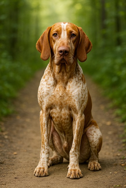 A high-resolution photograph of a Bracco Italiano dog sitting alert on a forest trail with dappled sunlight and green foliage.