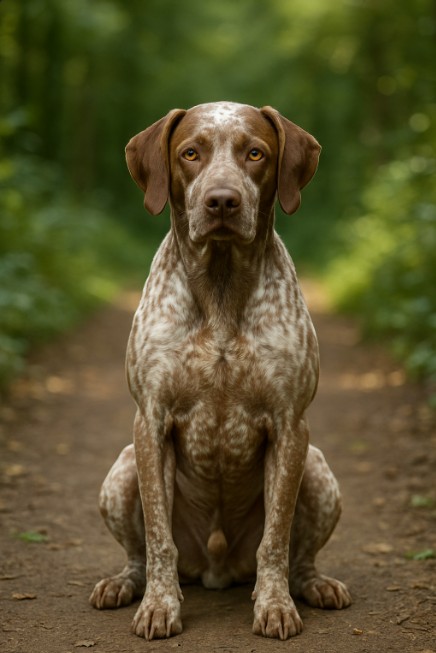 A photograph captures a Braque du Bourbonnais dog seated on a forest trail, surrounded by greenery with soft natural light.