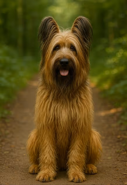 A high-resolution digital photograph captures a Briard dog sitting on a forest path, its long fawn-colored coat glowing in soft sunlight.