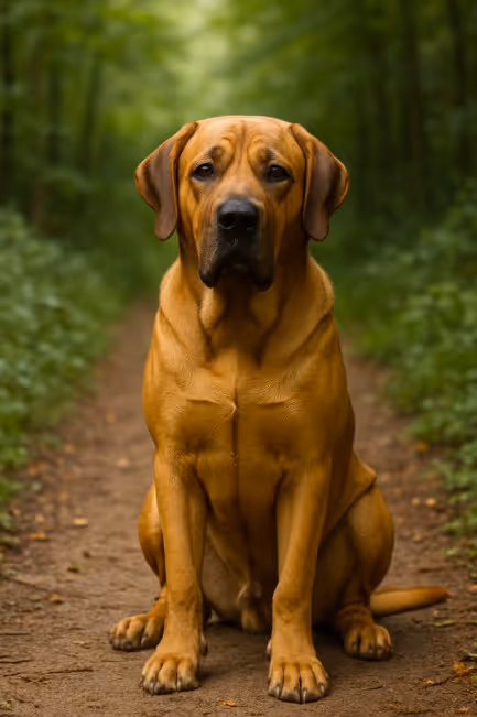A photograph of a Broholmer dog captures it sitting on a forest path, surrounded by greenery with a calm, composed expression.