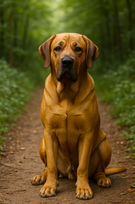 A photograph of a Broholmer dog captures it sitting on a forest path, surrounded by greenery with a calm, composed expression.