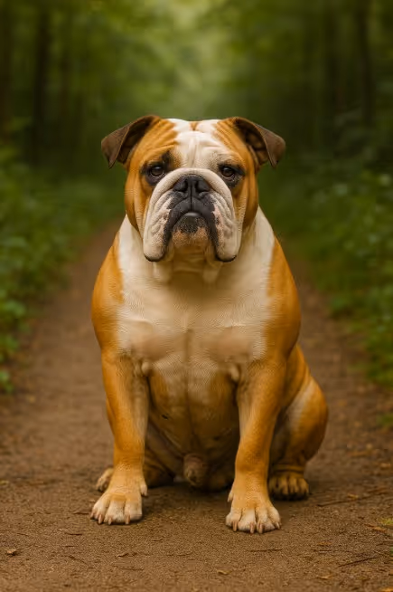 A photograph of an English Bulldog features the dog sitting on a dirt path in a forest, with a white and fawn coat and a calm expression.