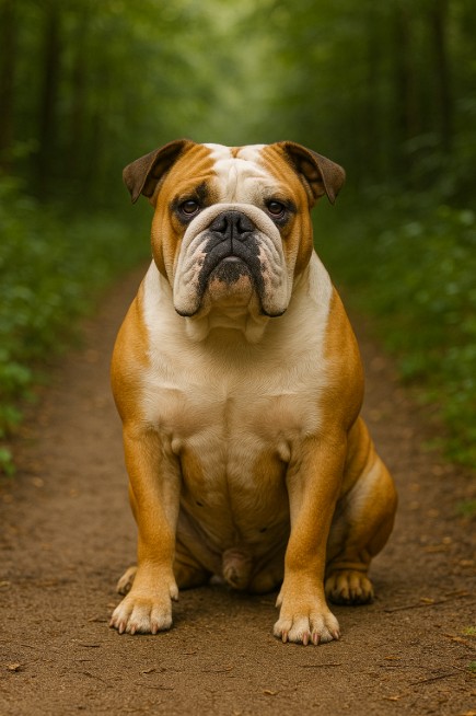 A photograph of an English Bulldog features the dog sitting on a dirt path in a forest, with a white and fawn coat and a calm expression.