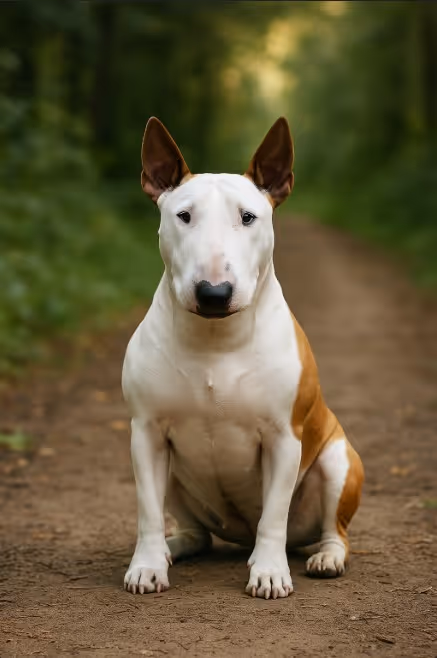A photograph captures a Bull Terrier with a predominantly white coat and a tan patch sitting alertly on a forest path in daylight.