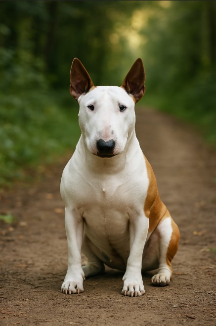 A photograph captures a Bull Terrier with a predominantly white coat and a tan patch sitting alertly on a forest path in daylight.