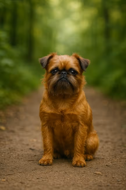A photograph of a Brussels Griffon dog captures it sitting alertly on a dirt trail surrounded by green forest foliage.
