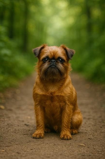 A photograph of a Brussels Griffon dog captures it sitting alertly on a dirt trail surrounded by green forest foliage.