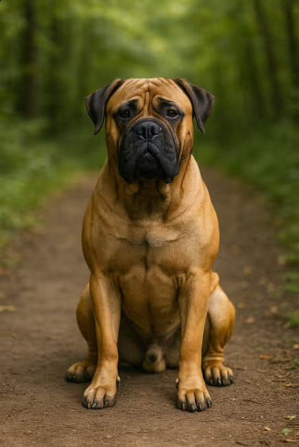 A photograph captures a Bullmastiff sitting attentively on a dirt path in a forest, showcasing its muscular build and fawn coat with a black facial mask.