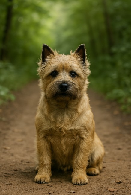 A photograph of a Cairn Terrier shows the small, sturdy dog with a wiry coat sitting attentively on a dirt trail surrounded by a lush green forest.