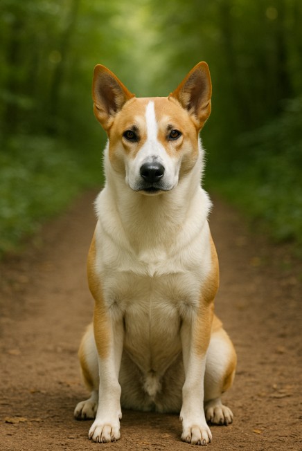 A photograph captures a Canaan Dog sitting on a dirt trail in a forest, looking directly at the camera with alert ears and a confident posture.