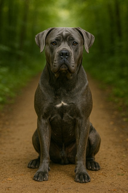 A Cane Corso sitting attentively on a dirt path surrounded by grass, showcasing its muscular build and alert expression