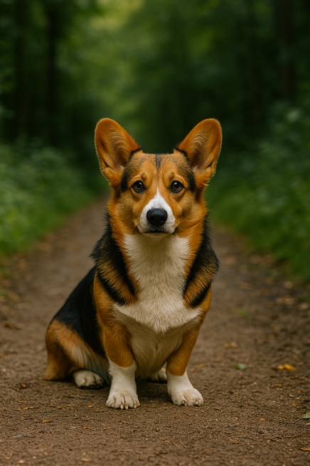 A photograph captures a Cardigan Welsh Corgi with a tricolor coat sitting on a forest path, surrounded by greenery and soft sunlight.