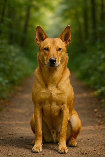 A photograph of a Carolina Dog shows it sitting attentively on a forest path with its ears perked, surrounded by lush greenery.