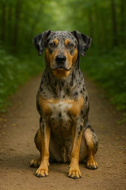 A photograph captures a Catahoula Leopard Dog sitting on a rocky terrain, showcasing its short, merle-patterned coat, muscular build, and alert expression.