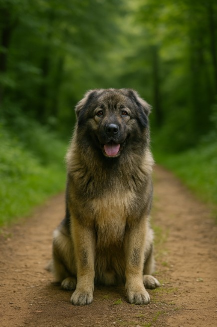 A photograph captures a Caucasian Shepherd Dog sitting on a dirt forest path, surrounded by lush greenery and soft natural light.