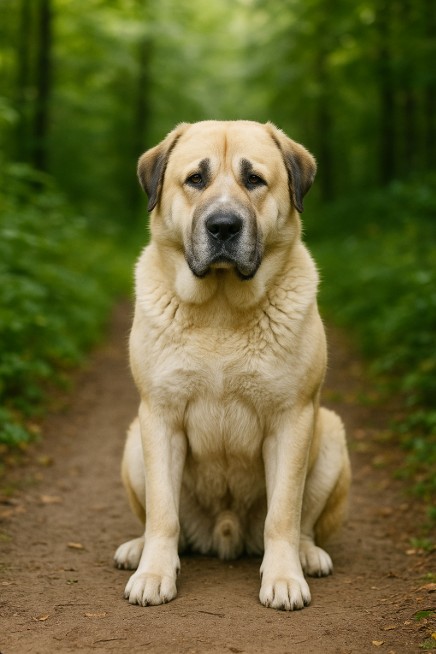 A photograph of a large Central Asian Shepherd Dog sitting on a forest path, surrounded by lush green foliage.