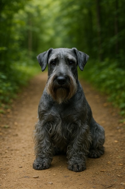A photograph captures a Cesky Terrier sitting on a forest path, its wavy bluish-gray coat blending with the natural surroundings as it looks calmly toward the camera.