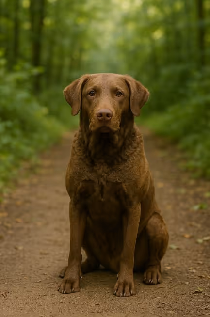 A photograph captures a Chesapeake Bay Retriever sitting alertly on a dirt trail surrounded by lush green forest.