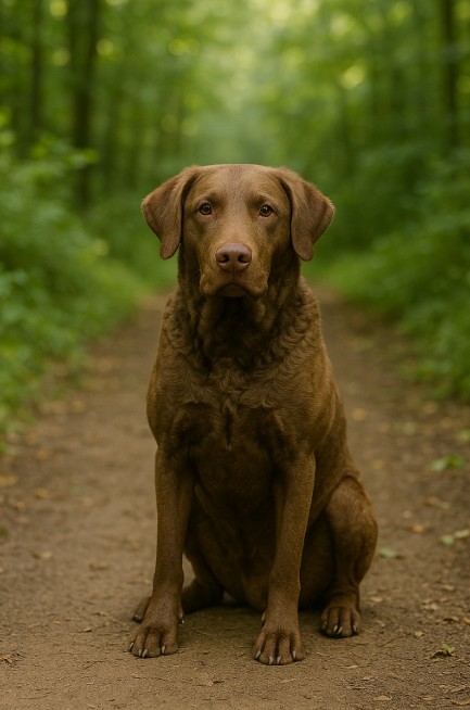 A photograph captures a Chesapeake Bay Retriever sitting alertly on a dirt trail surrounded by lush green forest.