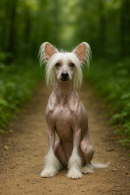A photograph captures a Chinese Crested dog with a hairless body and long white crest sitting on a dirt path surrounded by green forest.