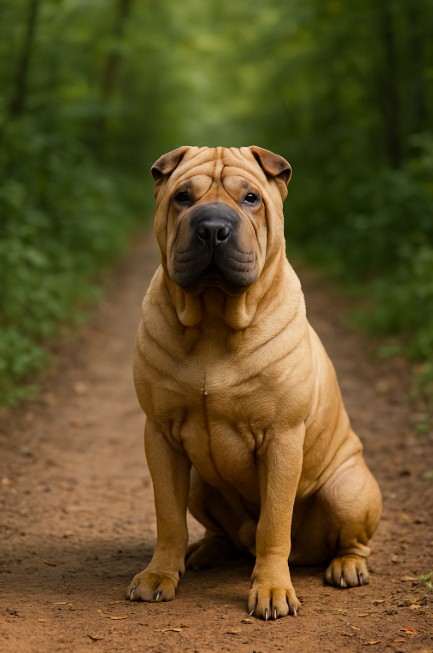 A photograph captures a fawn-colored Shar Pei dog with deep facial wrinkles sitting calmly on a dirt path in a lush green forest.