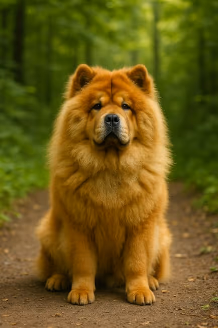 A photograph captures a Chow Chow dog sitting attentively on a forest path, showcasing its thick, fluffy coat and signature lion-like mane.