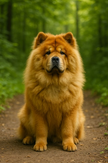 A photograph captures a Chow Chow dog sitting attentively on a forest path, showcasing its thick, fluffy coat and signature lion-like mane.