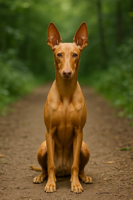 A photograph captures a Cirneco dell’Etna sitting alert on a forest trail, highlighting its sleek reddish coat and large upright ears.