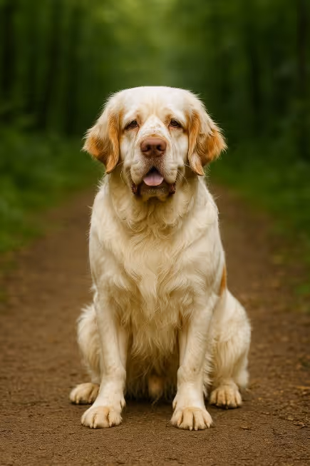 A photograph of a Clumber Spaniel sitting on a dirt path in a forest, showcasing its white and tan coat with a calm expression