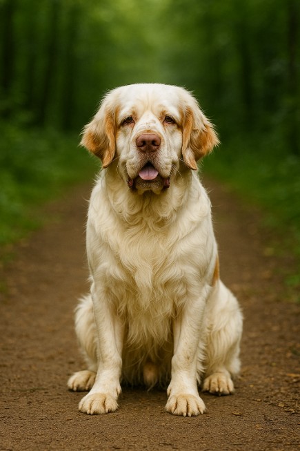 A photograph of a Clumber Spaniel sitting on a dirt path in a forest, showcasing its white and tan coat with a calm expression