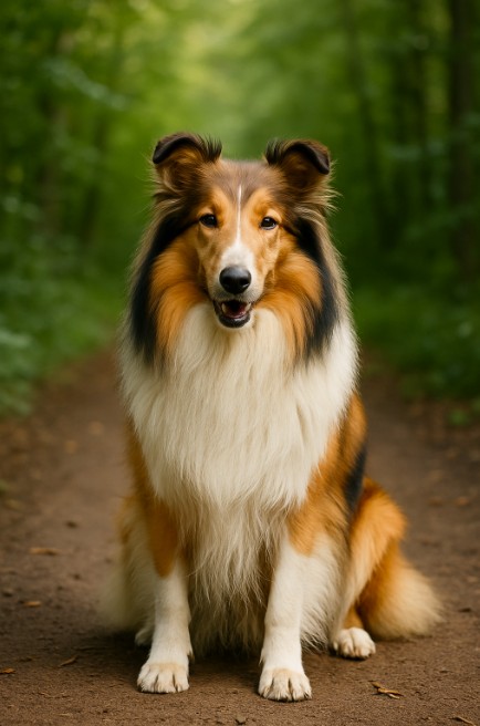 A photograph of a Collie dog sitting outdoors in a natural setting, showing its long, flowing coat and alert posture.