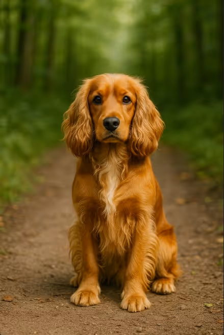A high-resolution photograph captures an English Cocker Spaniel sitting attentively on a forest path, surrounded by lush greenery and soft natural lighting