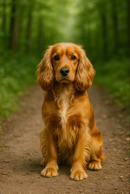 A high-resolution photograph captures an English Cocker Spaniel sitting attentively on a forest path, surrounded by lush greenery and soft natural lighting