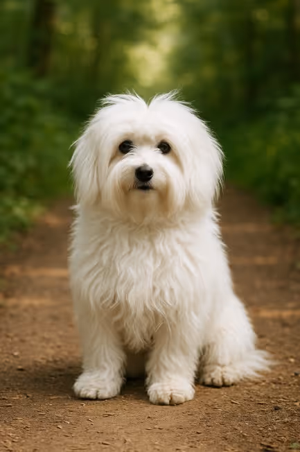 A fluffy white Coton de Tulear sitting on a sunlit forest path, surrounded by greenery