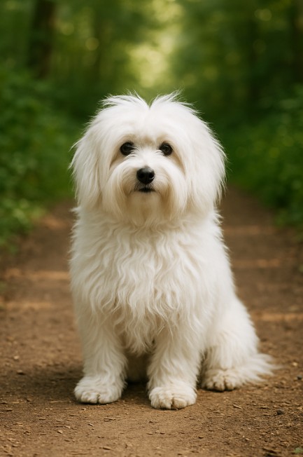A fluffy white Coton de Tulear sitting on a sunlit forest path, surrounded by greenery