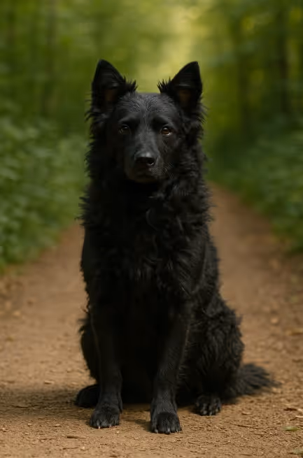 A photograph of a Croatian Sheepdog captures it sitting attentively on a grassy field, showcasing its black, curly coat and alert expression.