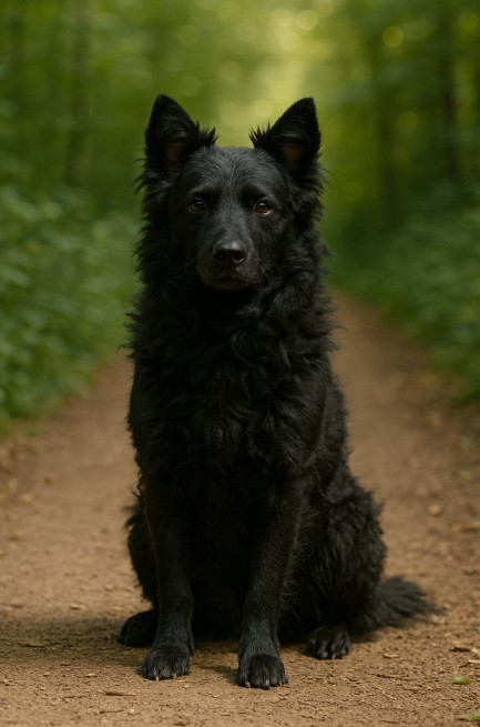 A photograph of a Croatian Sheepdog captures it sitting attentively on a grassy field, showcasing its black, curly coat and alert expression.
