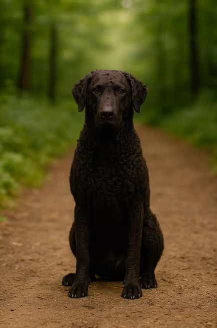 A high-resolution photograph of a Curly-Coated Retriever dog sitting outdoors, showing its distinctive curly black coat and alert expression.