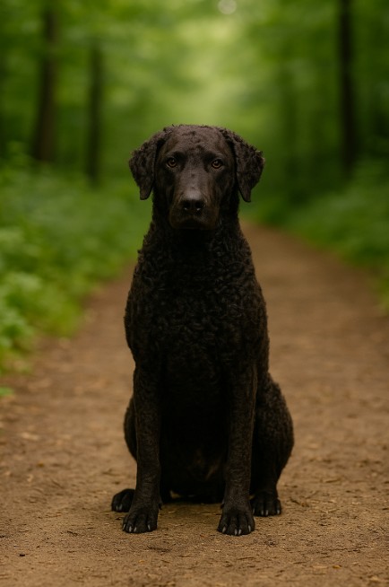 A high-resolution photograph of a Curly-Coated Retriever dog sitting outdoors, showing its distinctive curly black coat and alert expression.