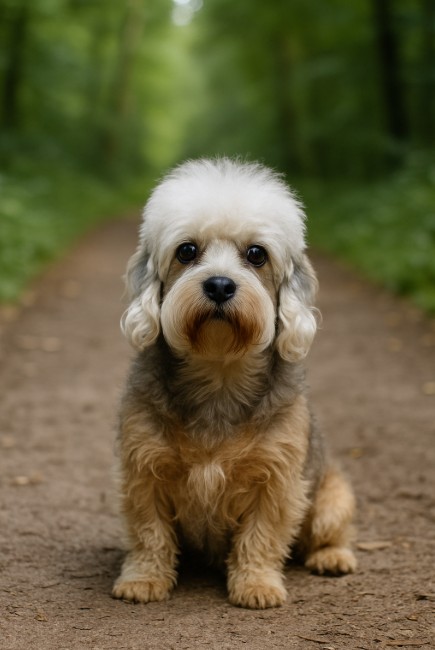 A photograph of a Dandie Dinmont Terrier with a long body, short legs, and a distinctive topknot, sitting on a natural background
