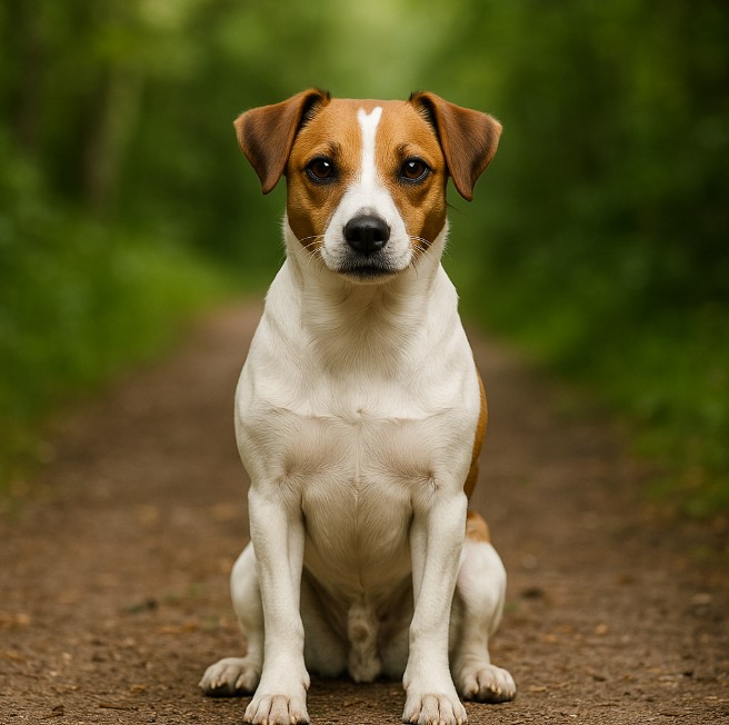 A high-resolution photograph captures a Danish-Swedish Farmdog standing alert on a grassy field, showcasing its compact frame, short coat, and intelligent expression.