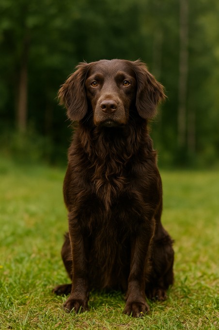A high-resolution photograph captures a brown, long-haired Deutscher Wachtelhund sitting outdoors on a dirt path surrounded by green grass, showcasing its alert expression and feathered ears.