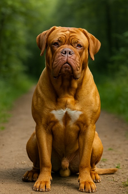 A high-resolution photograph captures a Dogue de Bordeaux sitting attentively on grass, highlighting its massive head, wrinkled face, and deep reddish fawn coat — perfect for image search SEO.